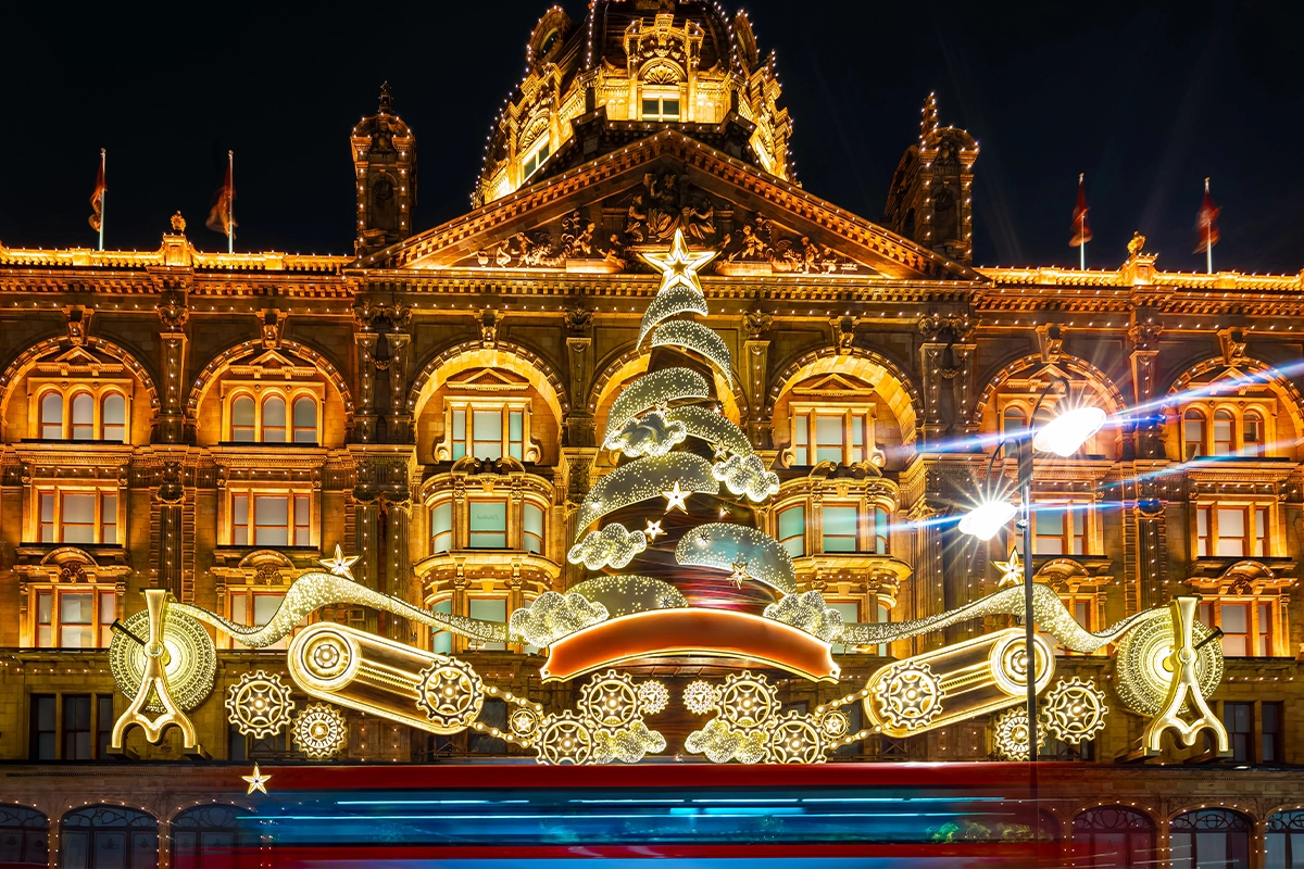Kerstverlichting bij het Harrods warenhuis in Londen